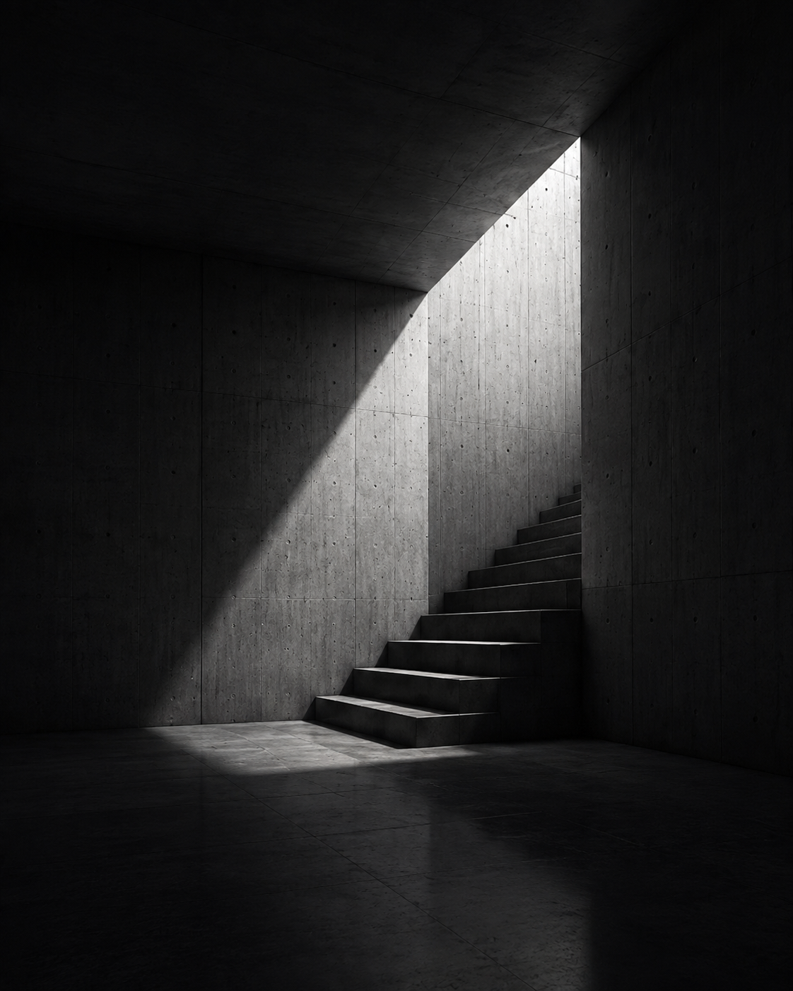 Concrete stairwell lit by a shaft of daylight